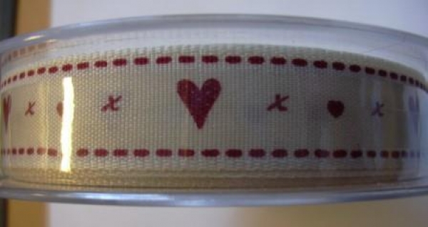 Schmuckband, weiss mit roten Herzen, 15 mm